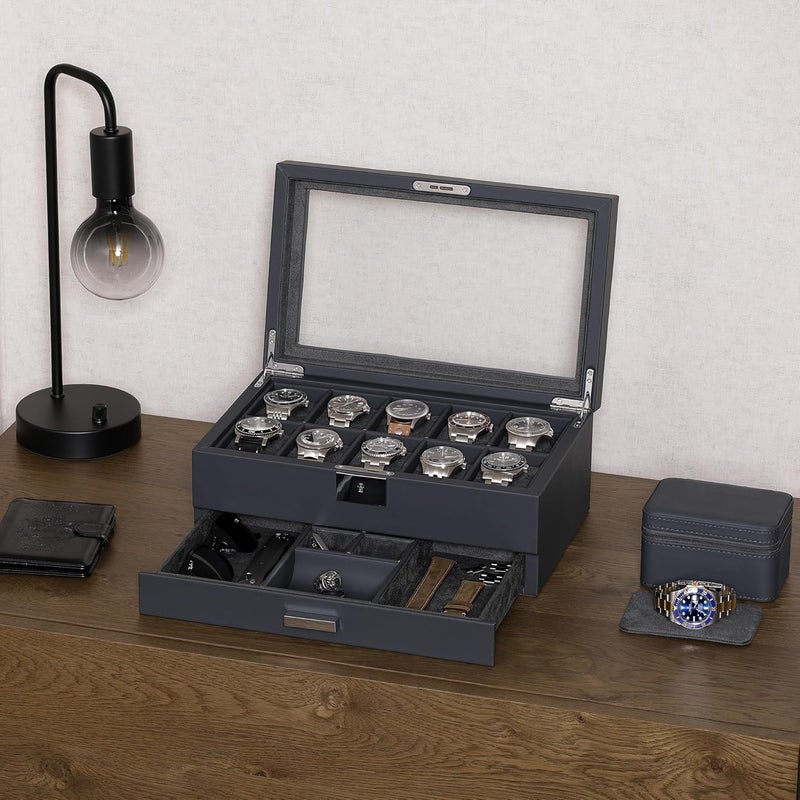 ROTHWELL 10-Slot Watch Box in Leather with Valet Drawer, Luxury Watch Case Display Organizer with Ultra Soft Microsuede Liner, Jewelry and Sunglass Holder With Large Glass top (Carbon) - Image 2